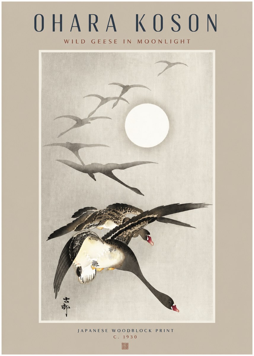 Ohara Koson Wild Geese in Moonlight I No2 - Affiche