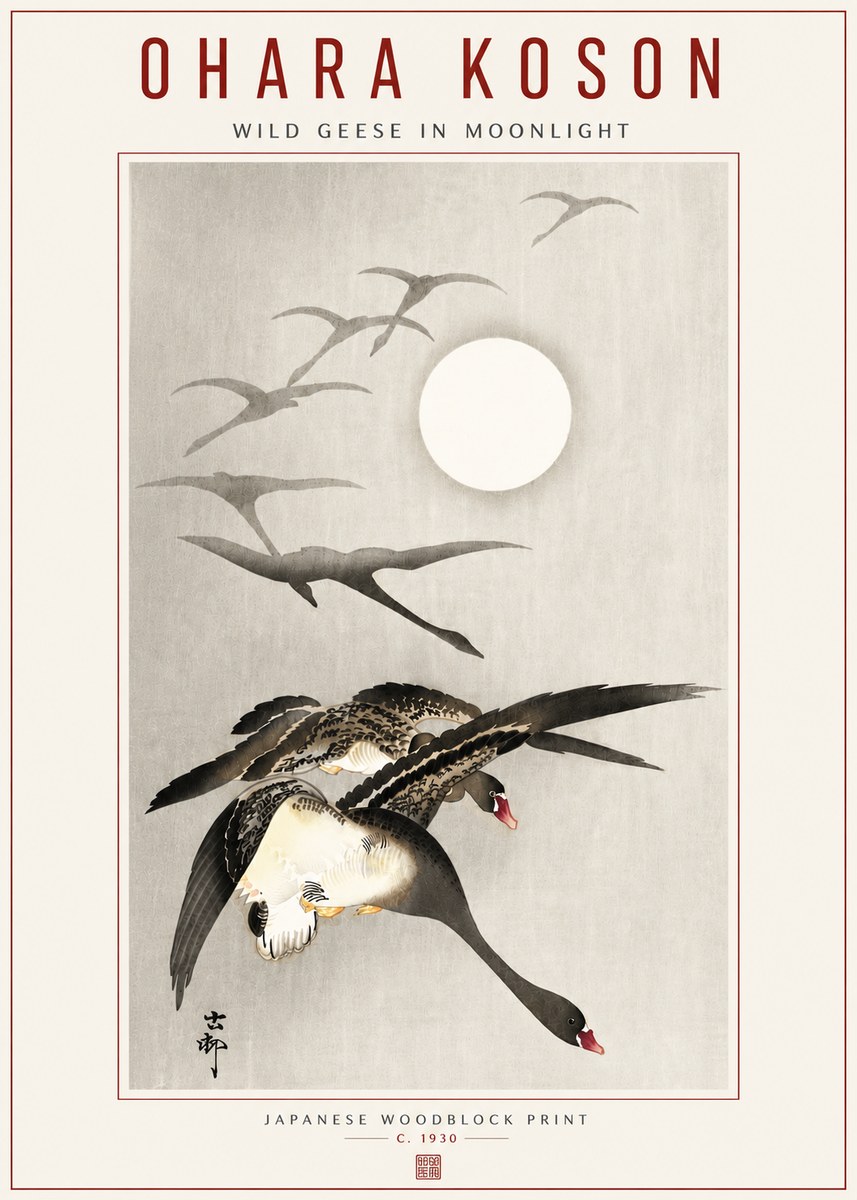 Ohara Koson Wild Geese in Moonlight I No5 - Affiche