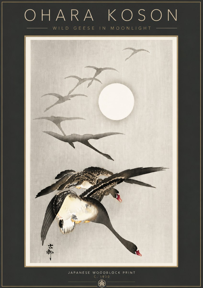 Ohara Koson Wild Geese in Moonlight I No6 - Affiche