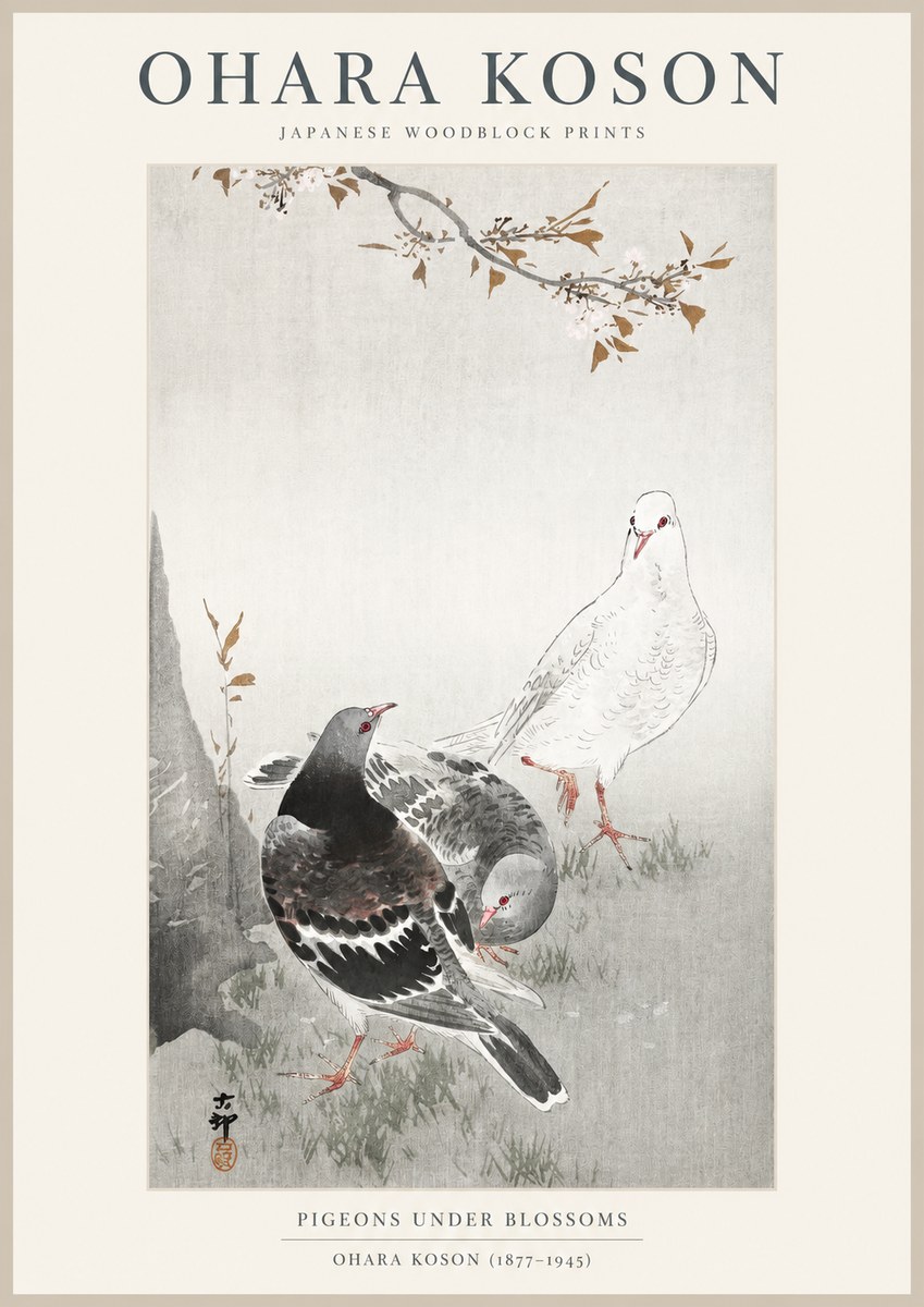 Ohara Koson Pigeons Under Blossoms No1 - Affiche