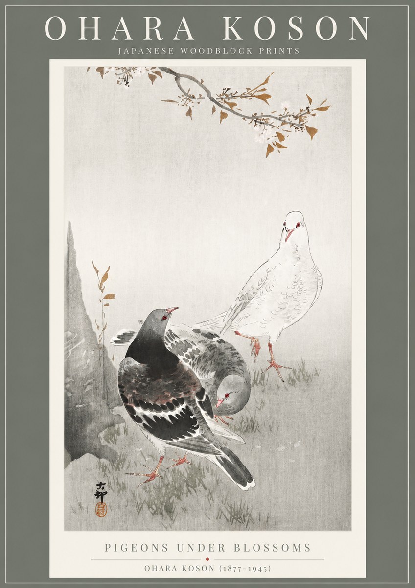 Ohara Koson Pigeons Under Blossoms No2 - Affiche