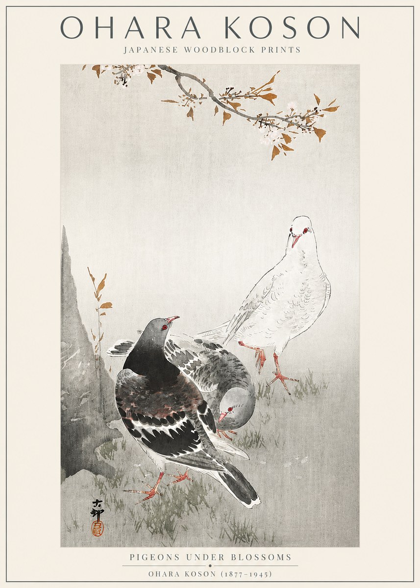Ohara Koson Pigeons Under Blossoms No3 - Affiche