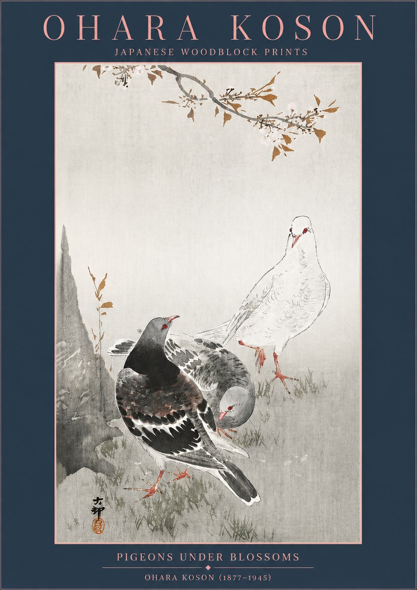 Ohara Koson Pigeons Under Blossoms No4 - Affiche