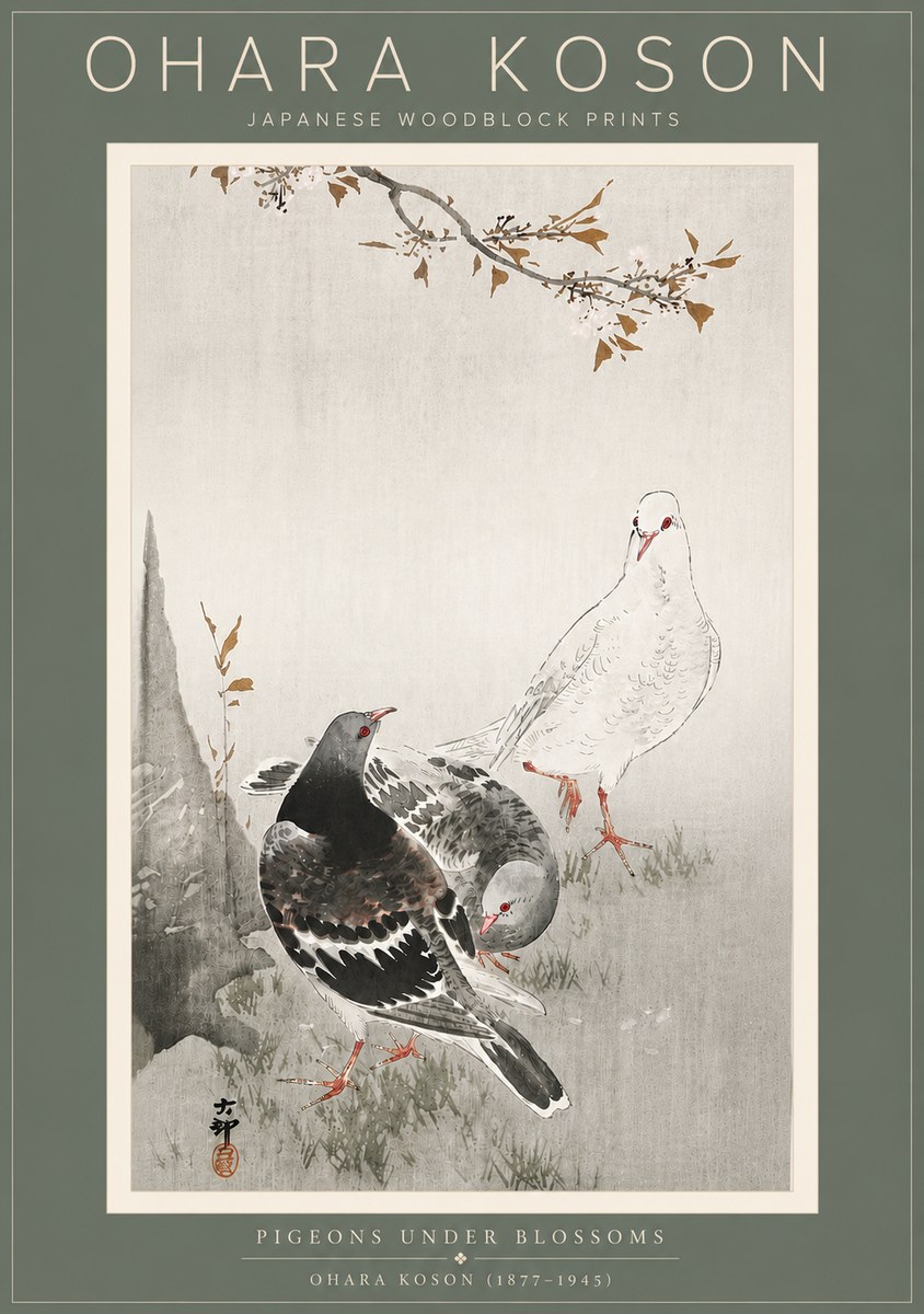 Ohara Koson Pigeons Under Blossoms No5 - Affiche