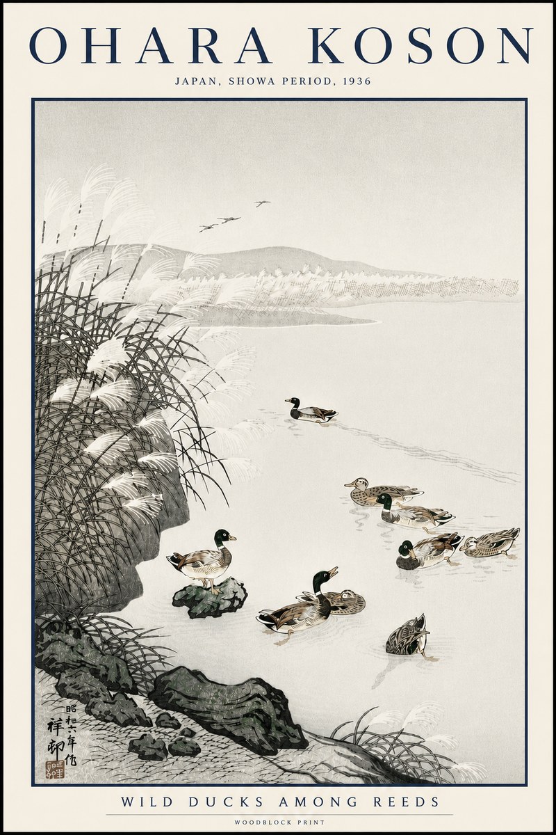 Ohara Koson Wild Ducks Among Reeds No3 - Affiche