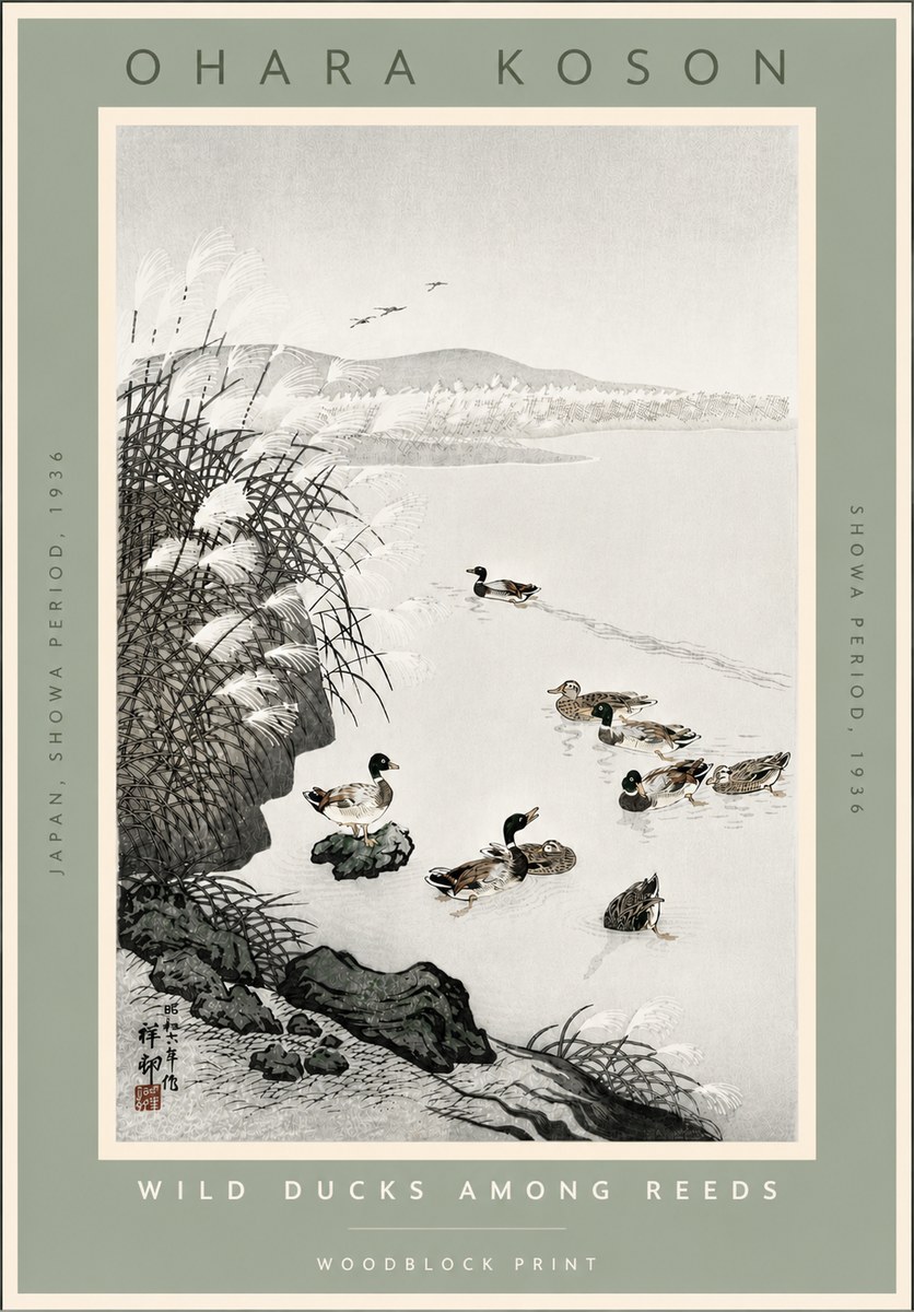 Ohara Koson Wild Ducks Among Reeds No4 - Affiche