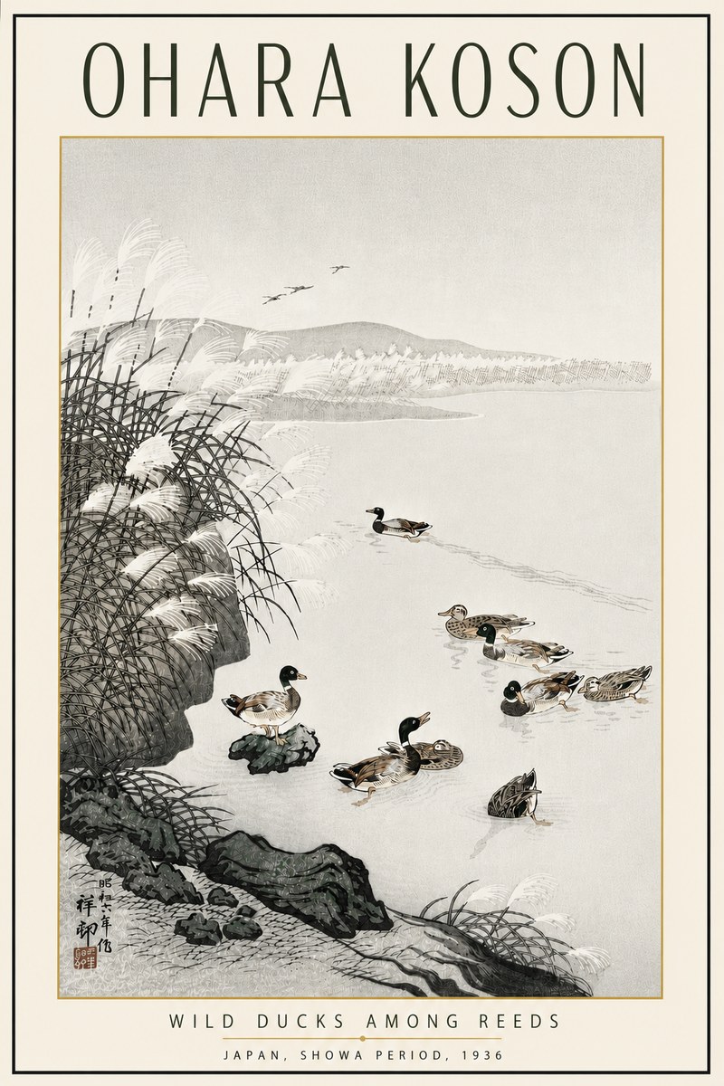 Ohara Koson Wild Ducks Among Reeds No5 - Affiche