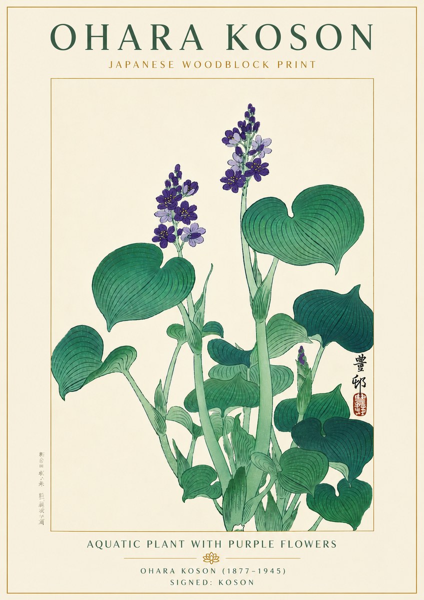 Ohara Koson Aquatic Plant with Purple Flowers No6 - Affiche