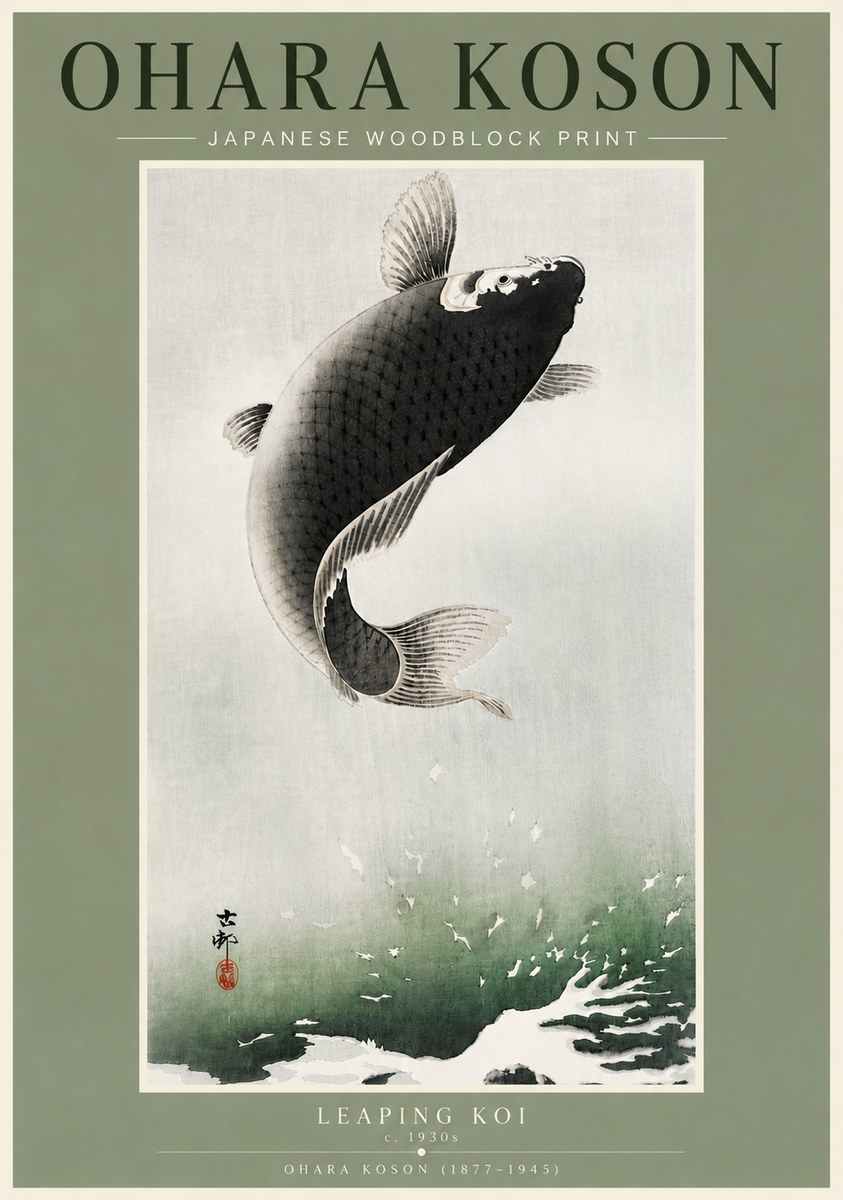 Ohara Koson Leaping Koi II No4 - Affiche
