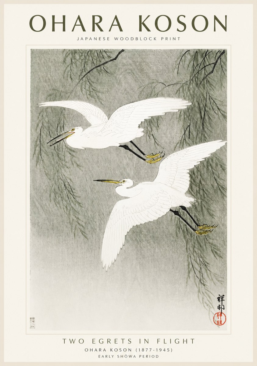 Ohara Koson Two Egrets in Flight No1 - Affiche