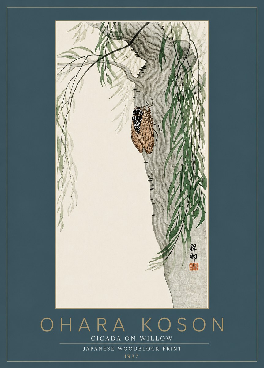Ohara Koson Cicada on Willow No6 - Affiche