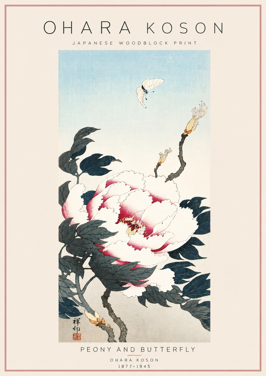Ohara Koson Peony and Butterfly No6 - Affiche