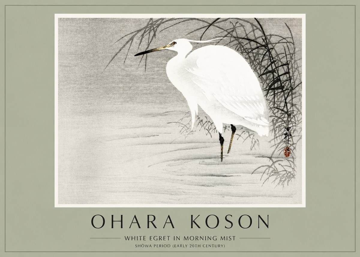 Ohara Koson White Egret in Morning Mist No2 - Affiche