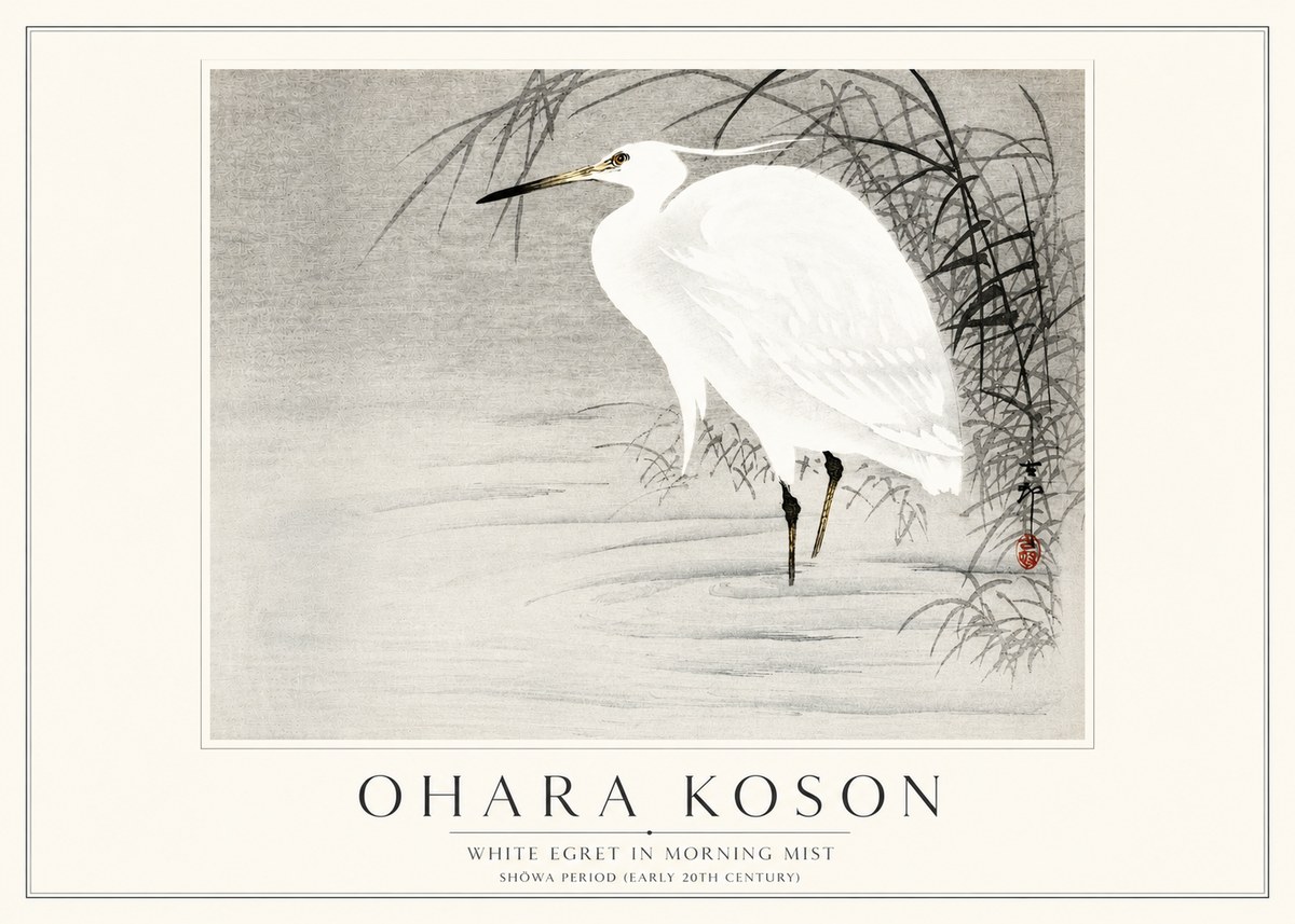 Ohara Koson White Egret in Morning Mist No3 - Affiche