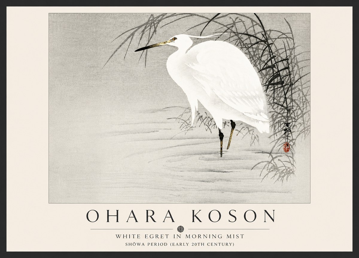 Ohara Koson White Egret in Morning Mist No5 - Affiche