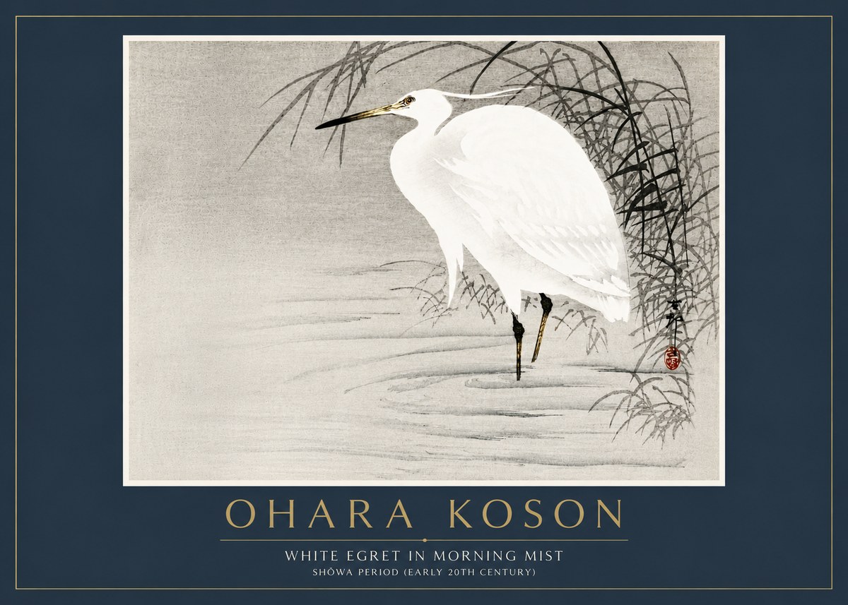 Ohara Koson White Egret in Morning Mist No6 - Affiche