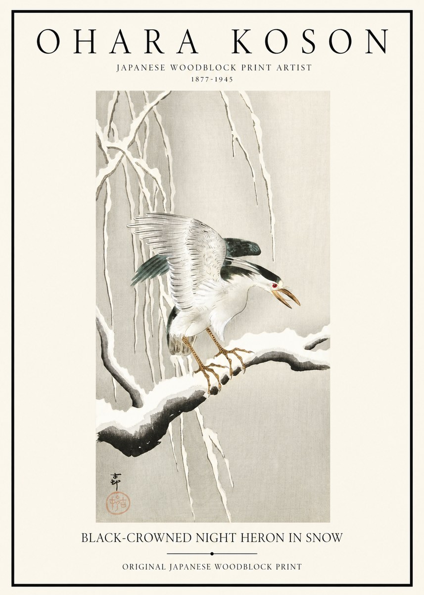 Ohara Koson Black-crowned Night Heron in Snow No1 - Affiche