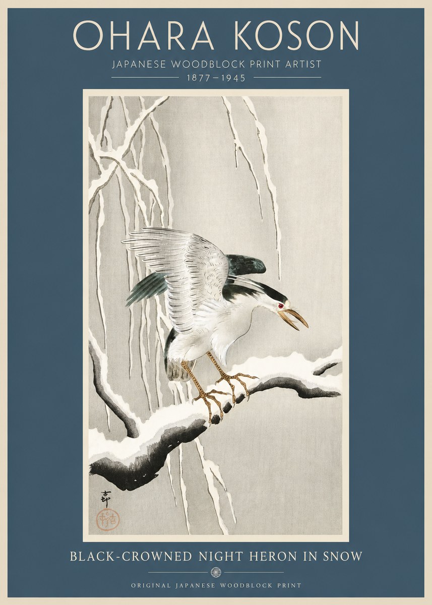 Ohara Koson Black-crowned Night Heron in Snow No2 - Affiche