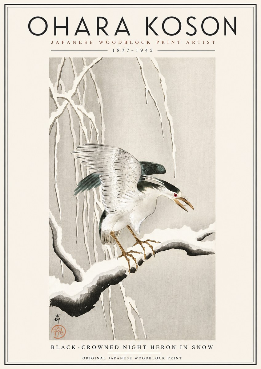 Ohara Koson Black-crowned Night Heron in Snow No3 - Affiche