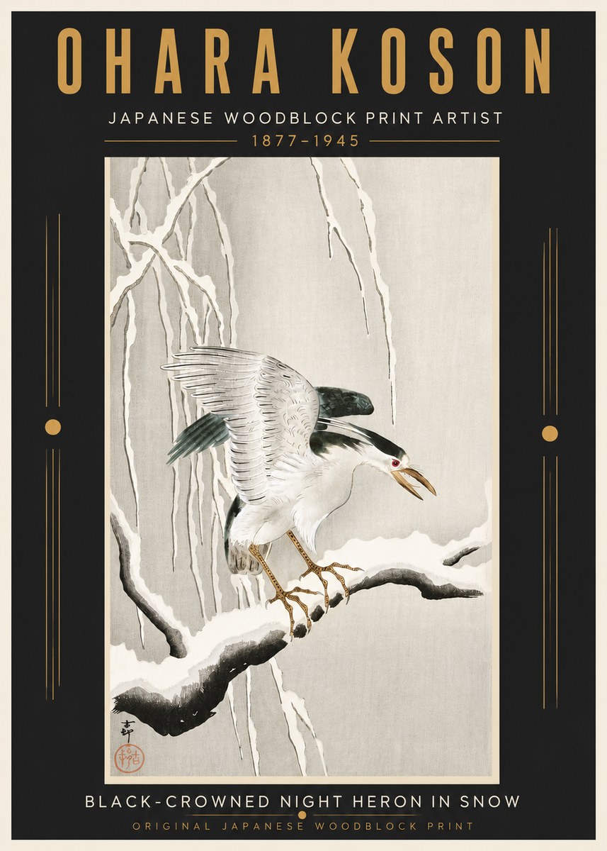 Ohara Koson Black-crowned Night Heron in Snow No5 - Affiche