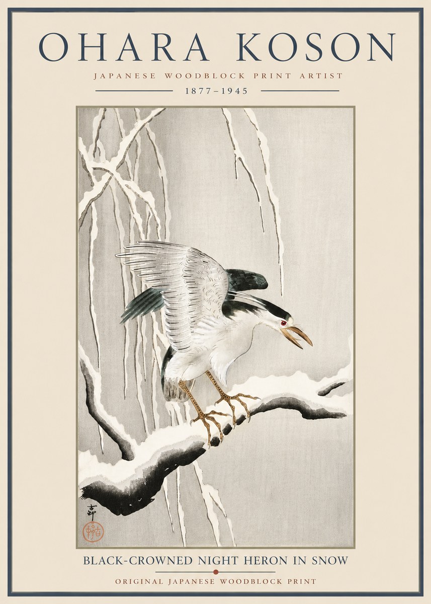 Ohara Koson Black-crowned Night Heron in Snow No6 - Affiche