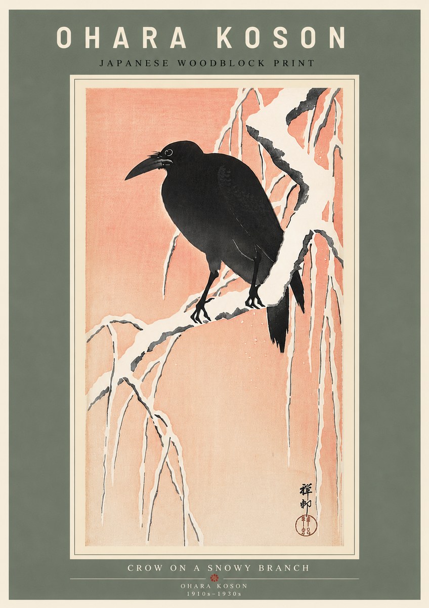 Ohara Koson Crow on a Snowy Branch I No5 - Affiche