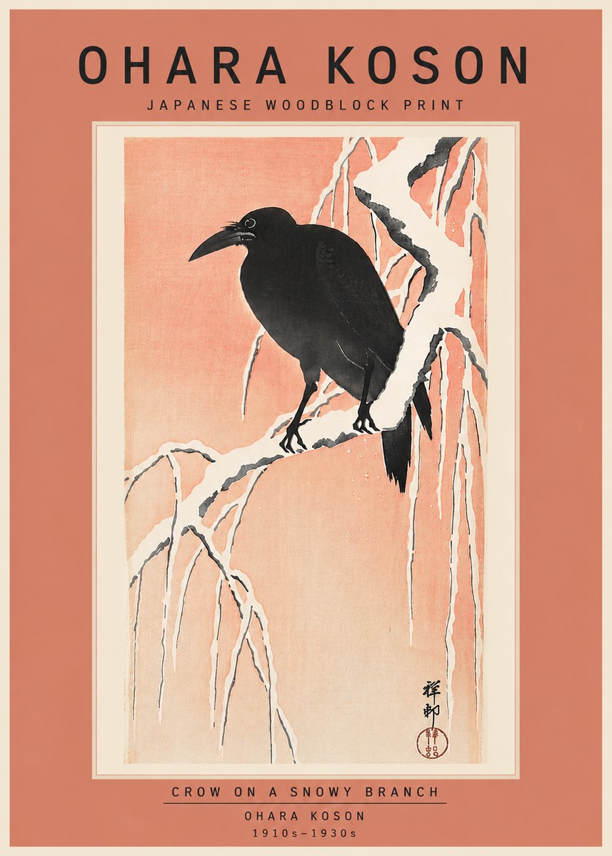 Ohara Koson Crow on a Snowy Branch I No6 - Affiche