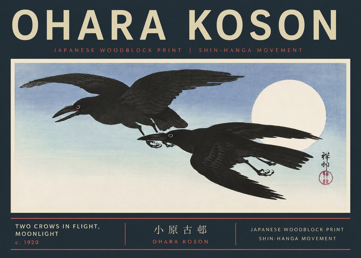 Ohara Koson Two Crows in Flight, Moonlight No6 - Affiche