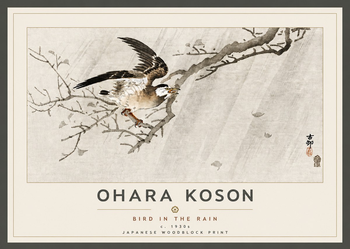 Ohara Koson Bird in the Rain No5 - Affiche