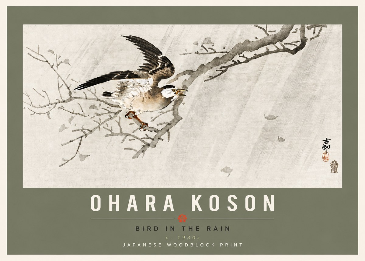 Ohara Koson Bird in the Rain No6 - Affiche