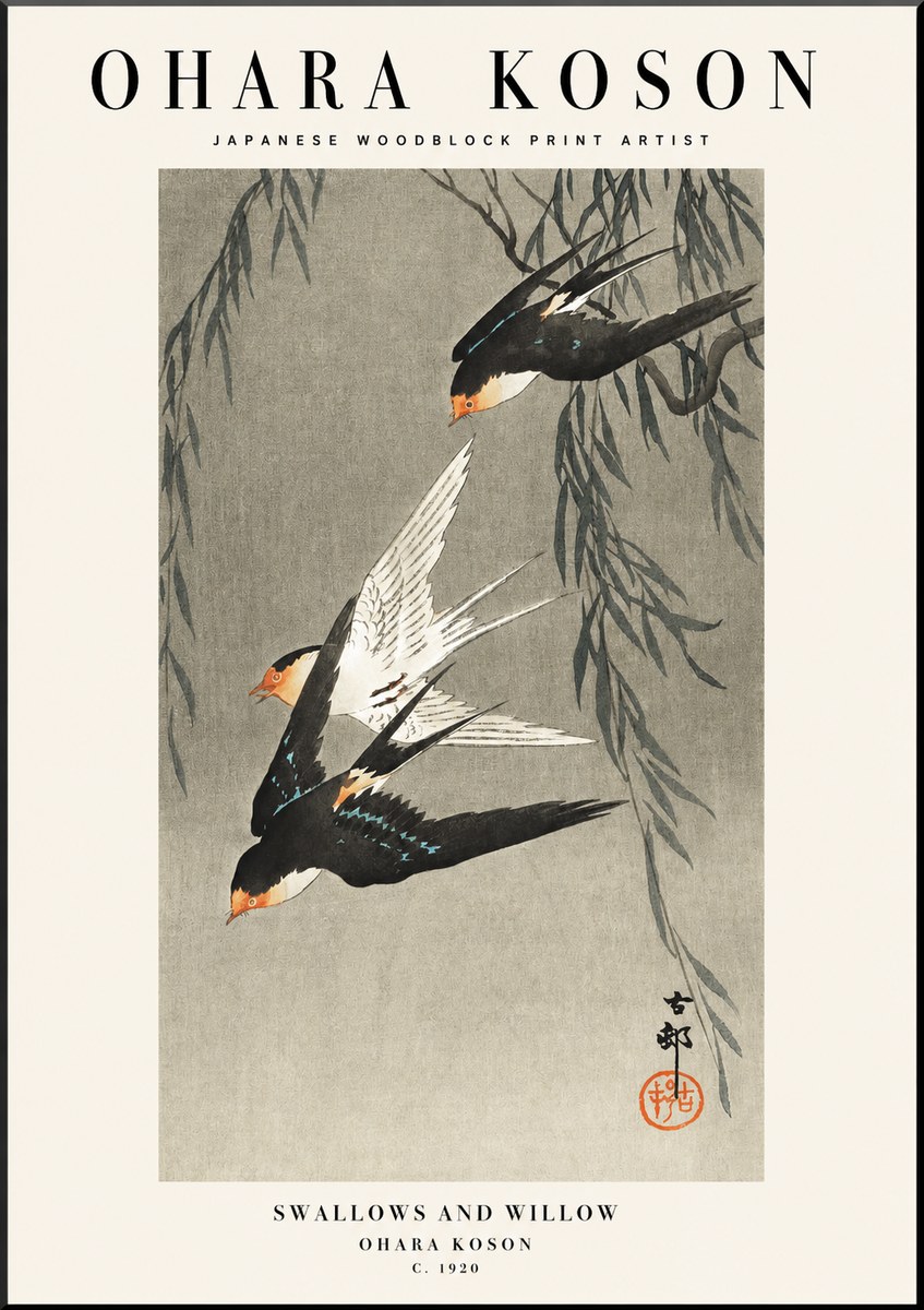 Ohara Koson Swallows and Willow II No1 - Affiche