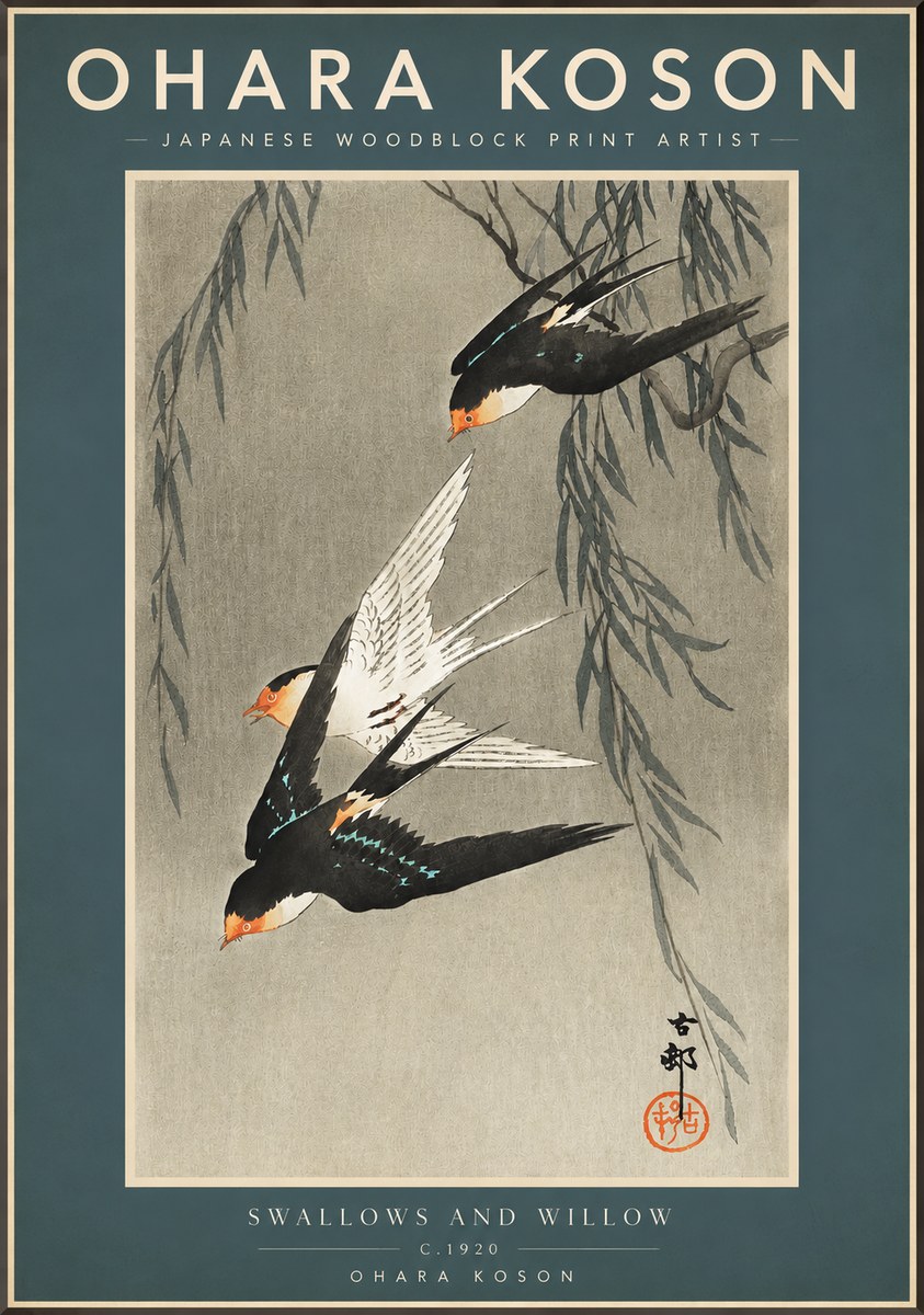 Ohara Koson Swallows and Willow II No2 - Affiche