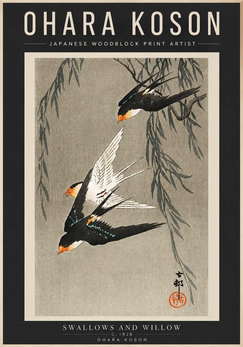 Ohara Koson Swallows and Willow II No4 - Affiche