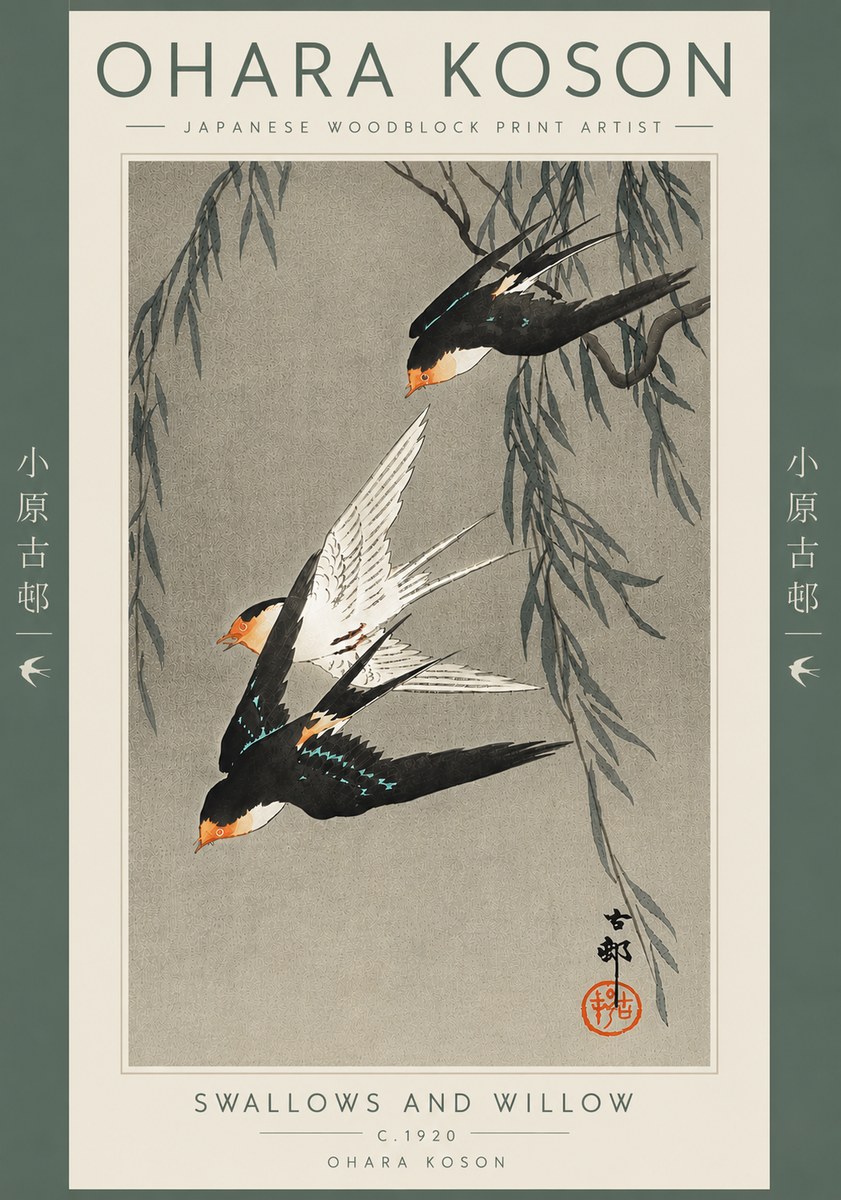 Ohara Koson Swallows and Willow II No5 - Affiche