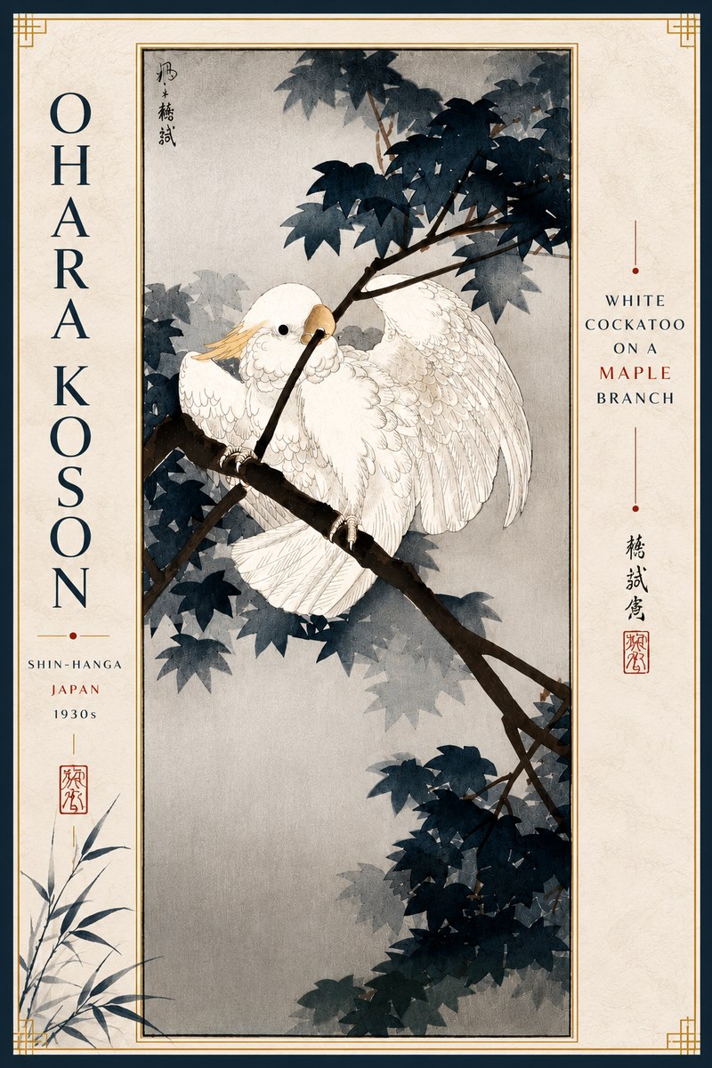 Ohara Koson White Cockatoo on a Maple Branch No4 - Affiche