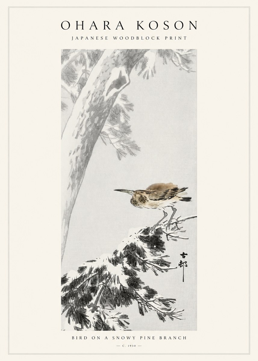 Ohara Koson Bird on a Snowy Pine Branch No1 - Affiche