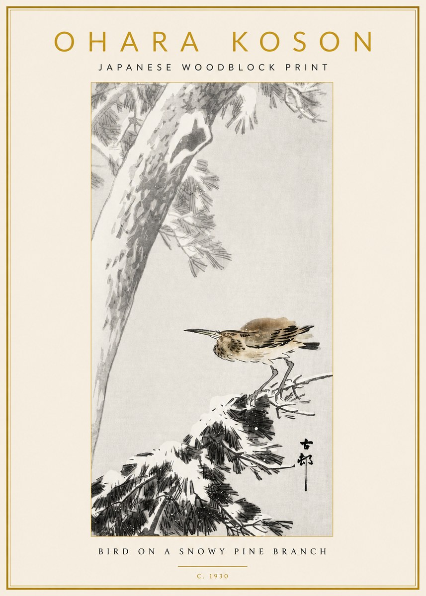 Ohara Koson Bird on a Snowy Pine Branch No3 - Affiche