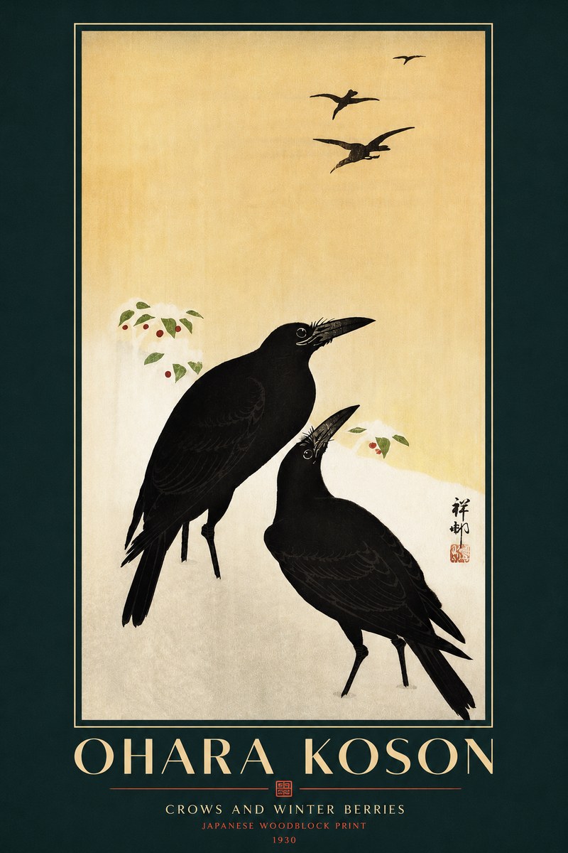Ohara Koson Crows and Winter Berries No3 - Affiche