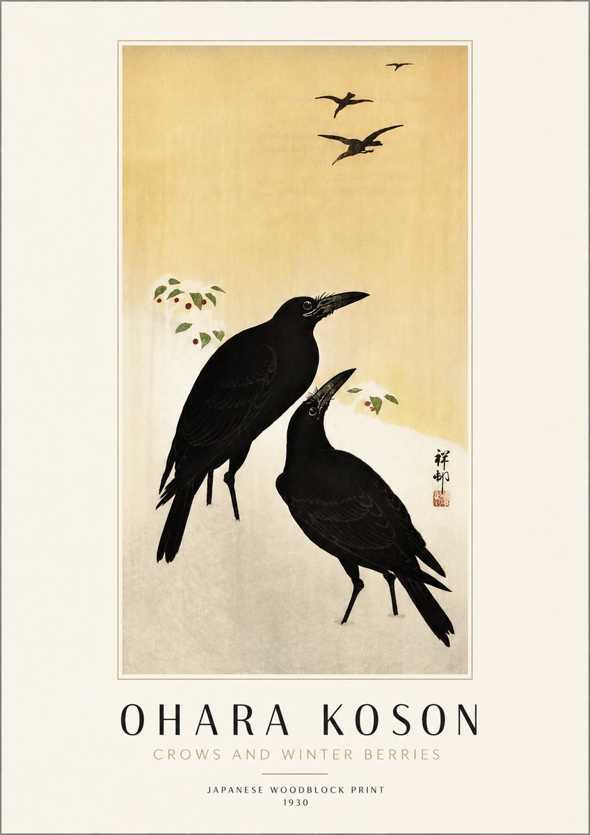 Ohara Koson Crows and Winter Berries No4 - Affiche