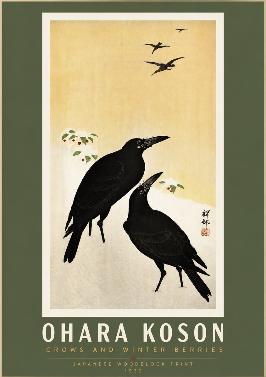 Ohara Koson Crows and Winter Berries No5 - Affiche