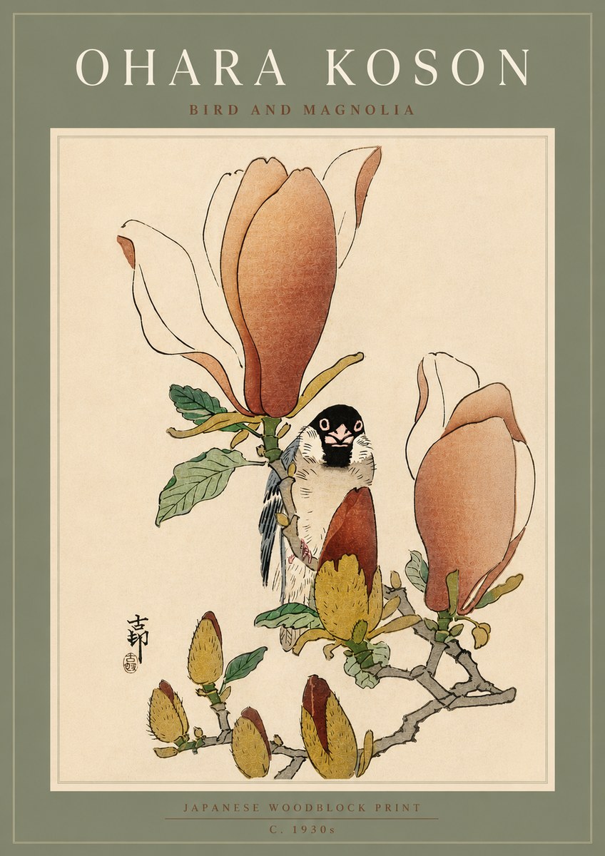 Ohara Koson Bird and Magnolia No5 - Affiche
