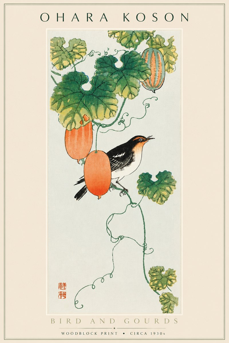Ohara Koson Bird and Gourds No6 - Affiche