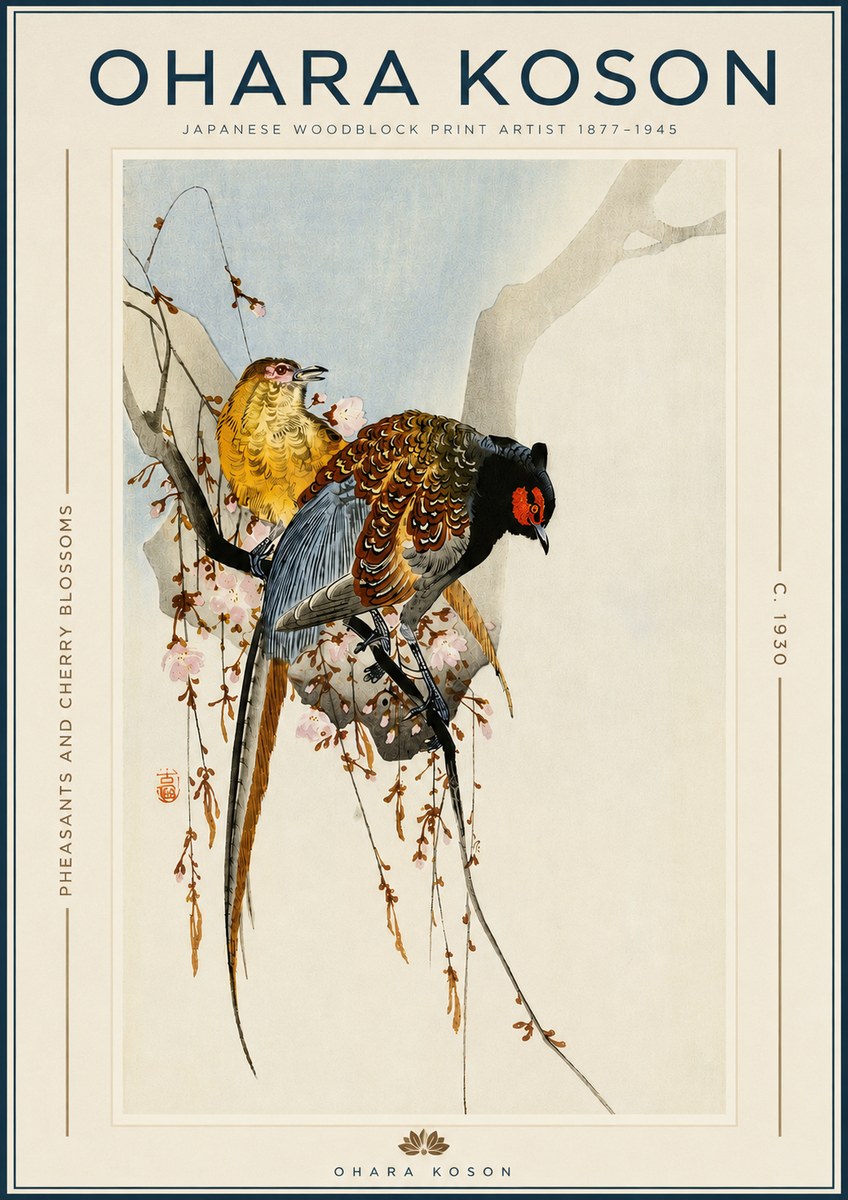 Ohara Koson Pheasants and Cherry Blossoms I No3 - Affiche