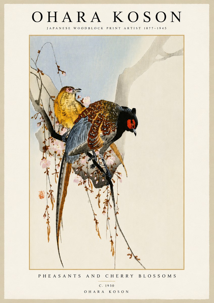 Ohara Koson Pheasants and Cherry Blossoms I No5 - Affiche