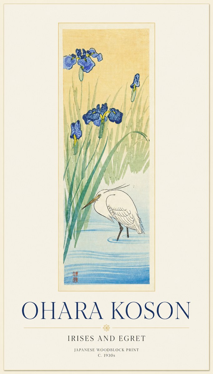 Ohara Koson Irises and Egret No1 - Affiche