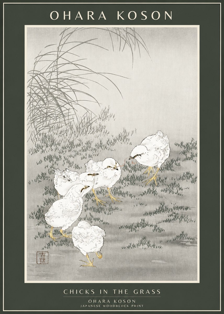 Ohara Koson Chicks in the Grass No1 - Affiche