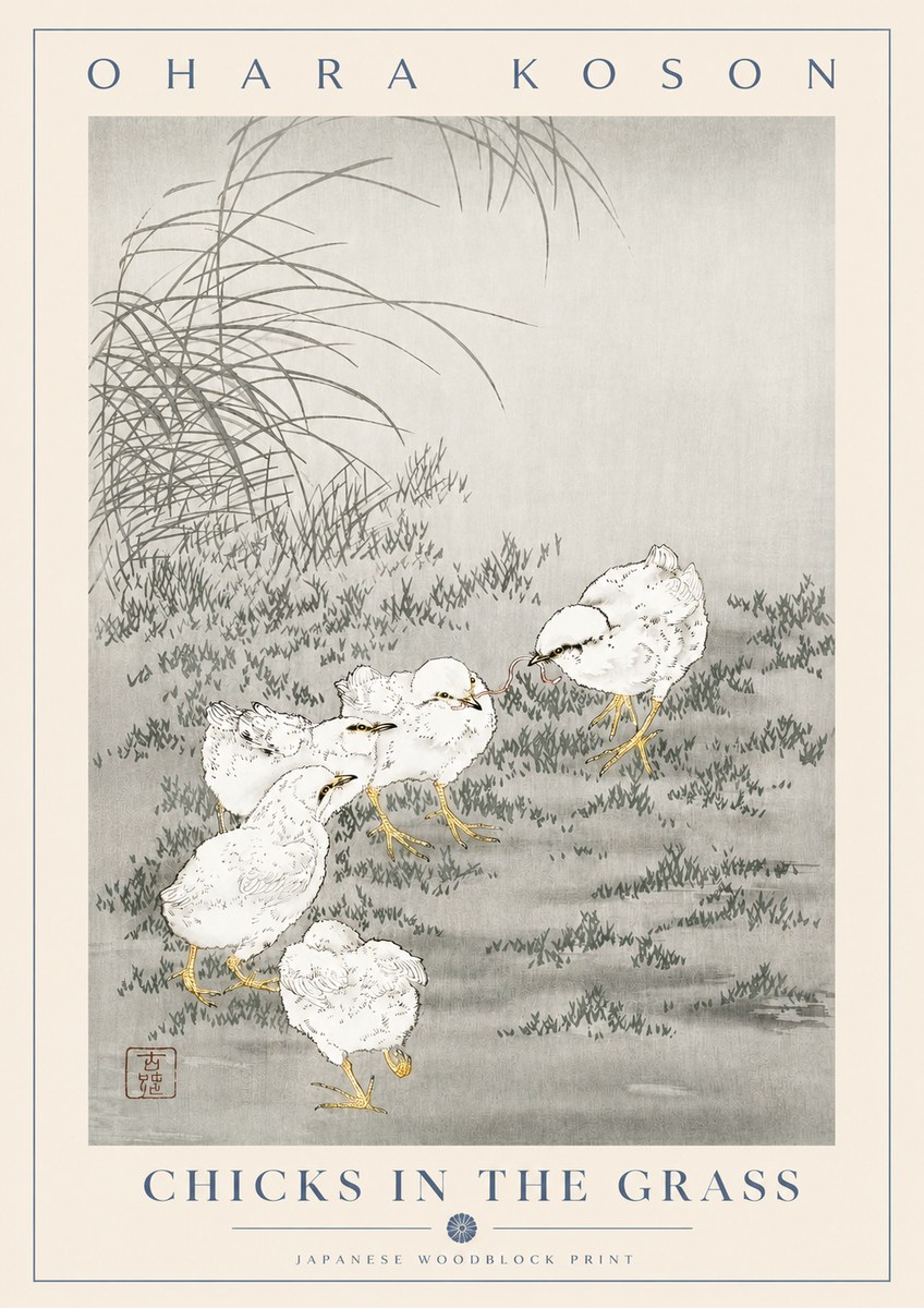 Ohara Koson Chicks in the Grass No2 - Affiche