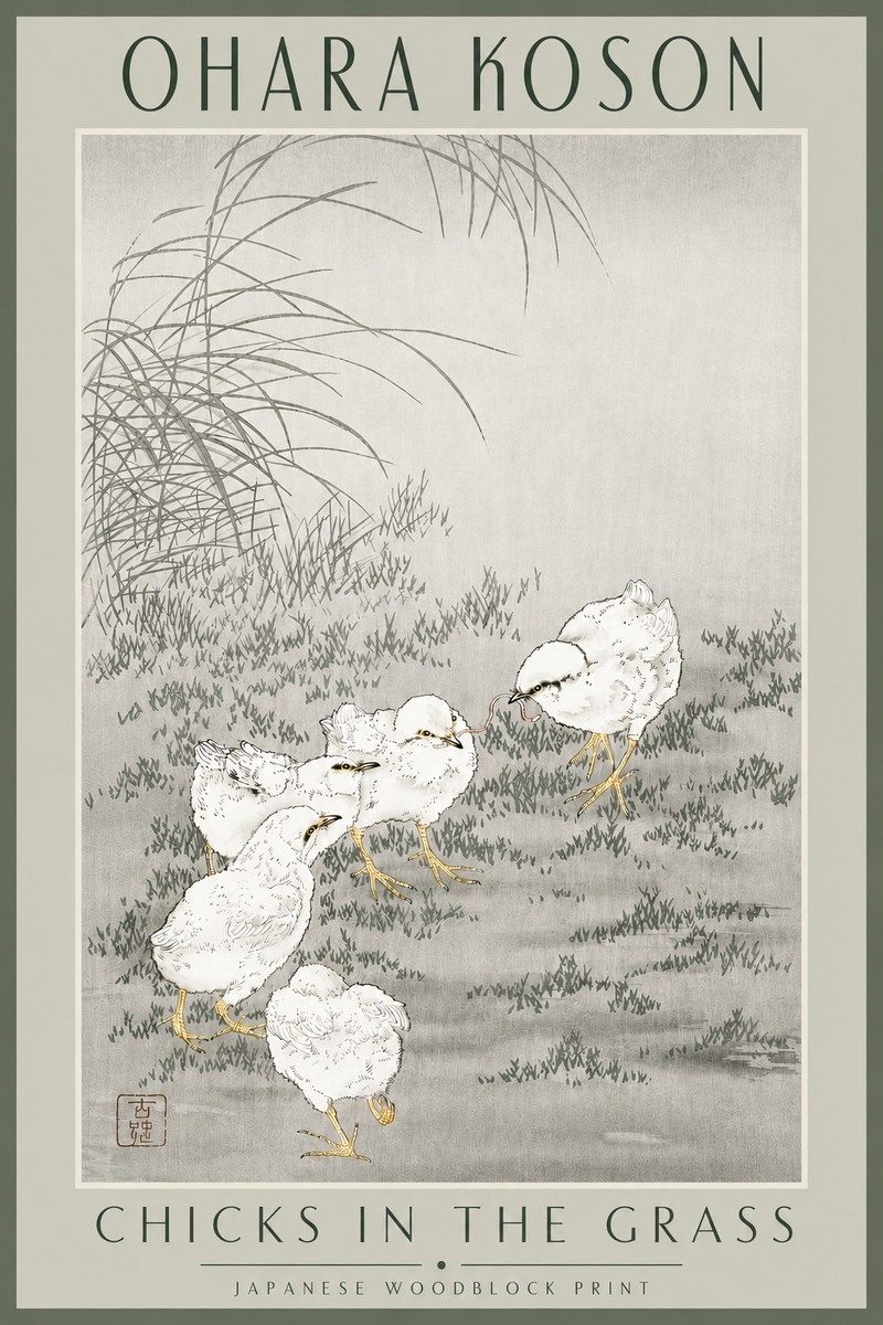 Ohara Koson Chicks in the Grass No3 - Affiche