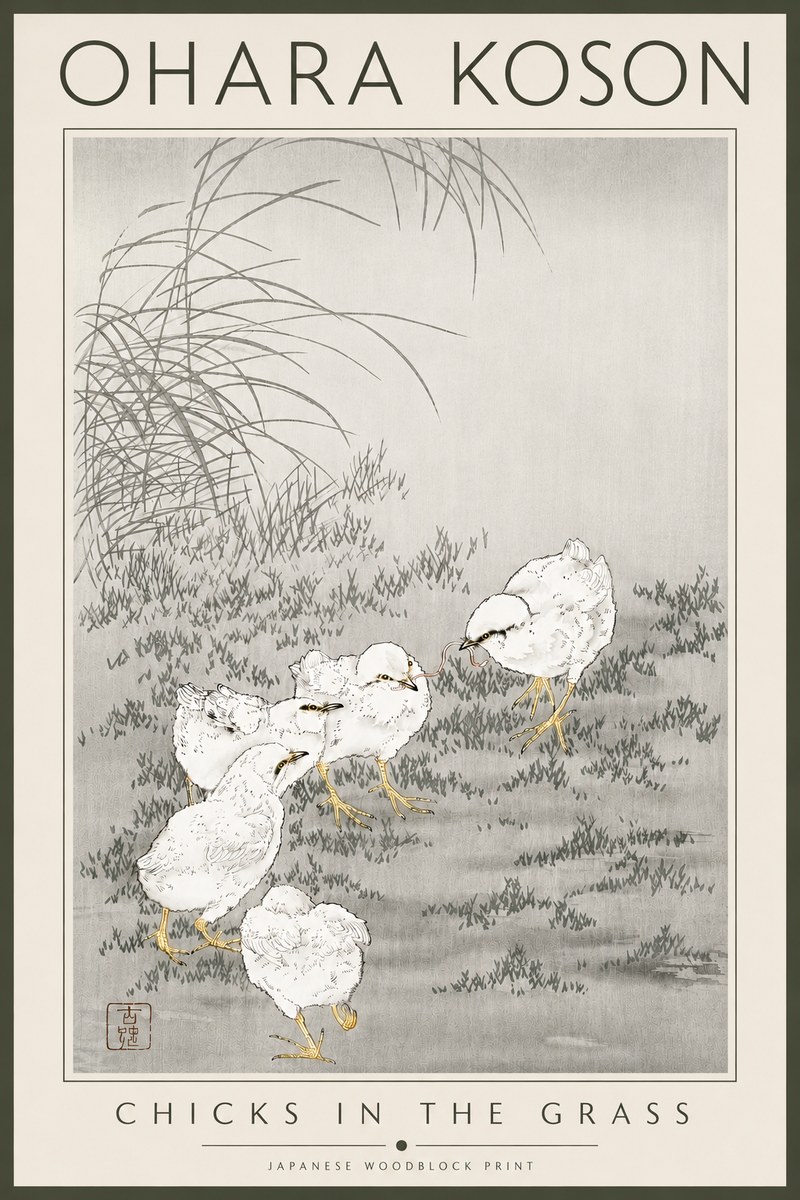 Ohara Koson Chicks in the Grass No4 - Affiche