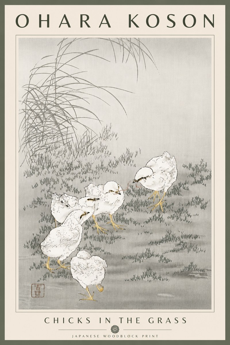 Ohara Koson Chicks in the Grass No6 - Affiche
